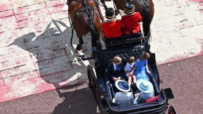 Catherine, duquesa de Cambridge, e os filhos dela, príncipe Louis de Cambridge, príncipe George de Cambridge, princesa Charlotte, de Cambridge e Camilla, duquesa da Cornualha, desfilam em uma carruagem puxada por cavalos (Foto: Getty Images via BBC News)