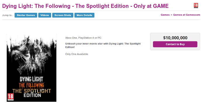 Anúncio da edição Spotlight de Dying Light e seu preço de 10 milhões de dólares (Foto: Reprodução/Game.co.uk)