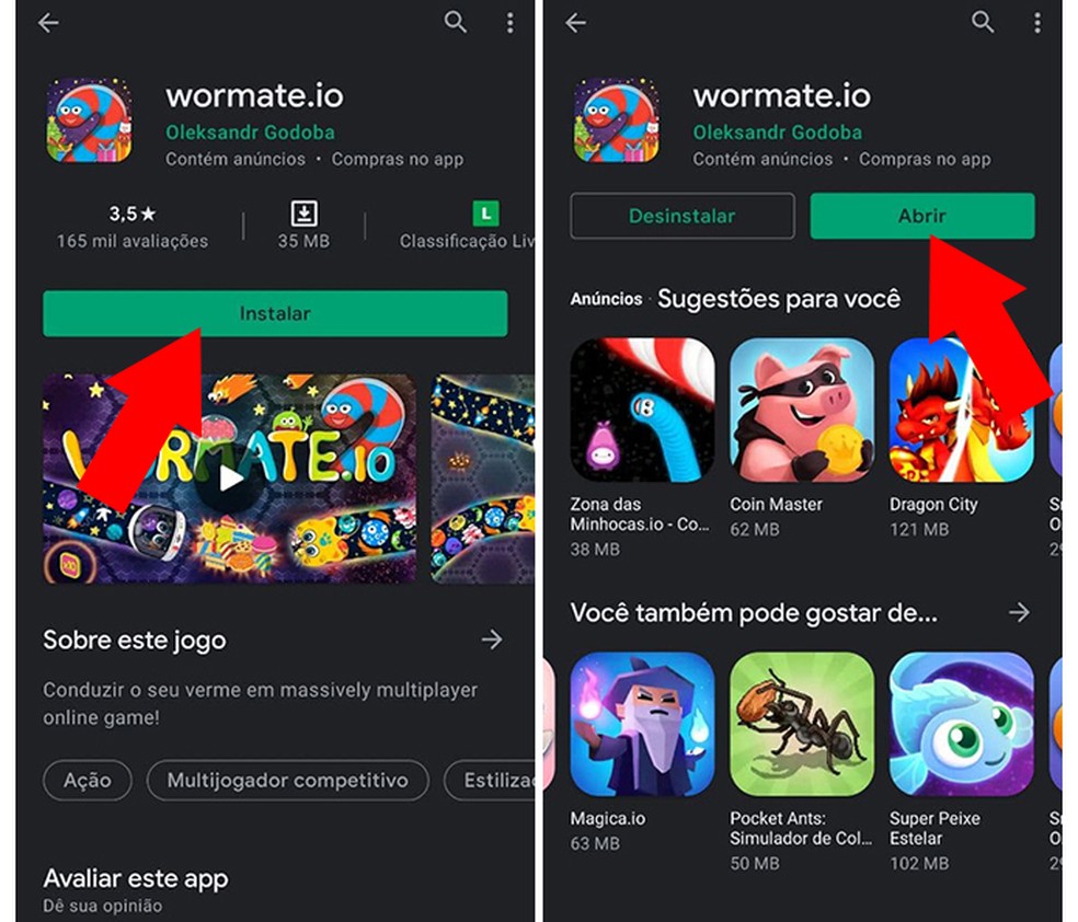 Após a finalização da transferência, clique em “Abrir” para poder jogar wormate.io — Foto: Reprodução/Nalu Dias
