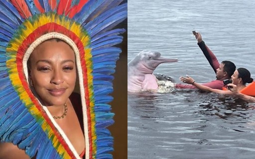 Sheron Menezzes visita tribo indígena e nada com botos no Rio Negro