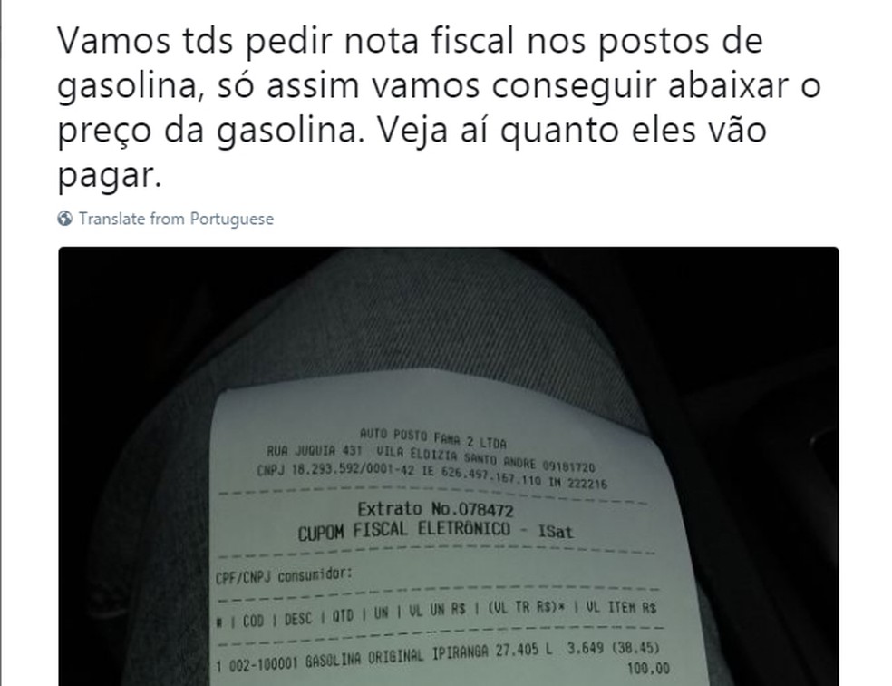 Usuário do Twitter faz campanha por nota fiscal em postos  (Foto: Reprodução/ Twitter)