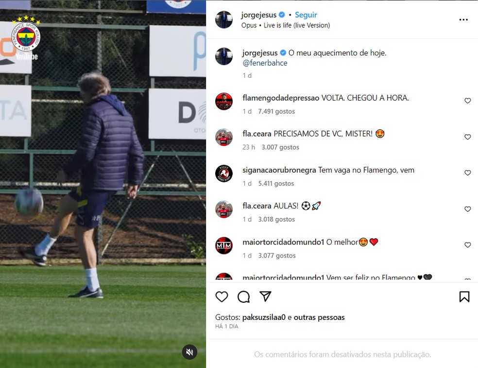 Comentários no post de Jorge Jesus — Foto: Reprodução