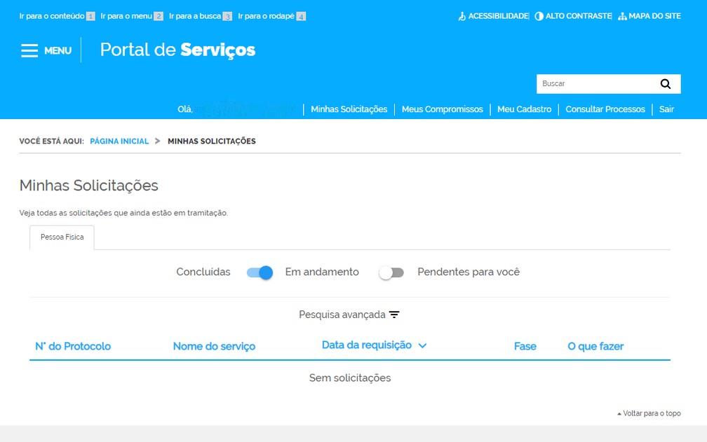 É possível acompanhar solicitações feitas no portal acessando sua conta. — Foto: Reprodução