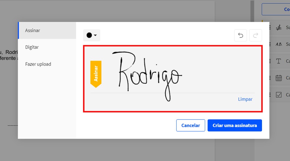 Assinatura PDF online: Small PDF permite desenhar os nomes livremente na tela — Foto: Reprodução/Rodrigo Fernandes