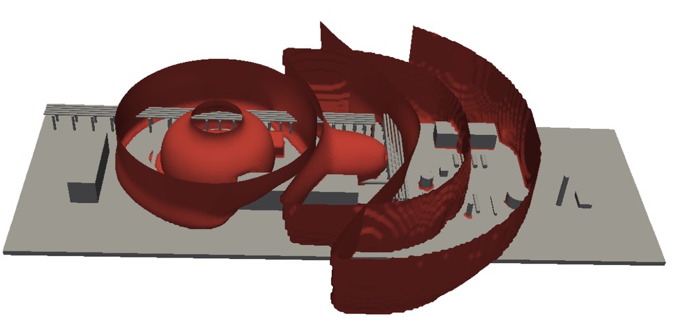 Simulação de explosão em área de processamento químico em um instante de tempo simulado com o software desenvolvido pela FEQ — Foto: Faculdade de Engenharia Química (FEQ)/Unicamp