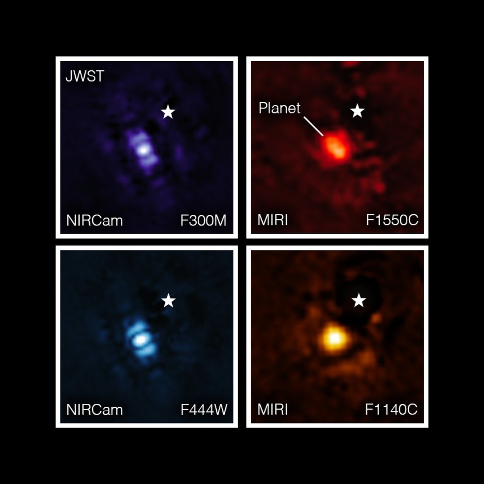 A pequena estrela branca em cada quadradinho marca a localização da estrela hospedeira do HIP 65426 b, que foi subtraída digitalmente já que a forte luz do astro bloqueia a visão do exoplaneta. — Foto: NASA/Divulgação