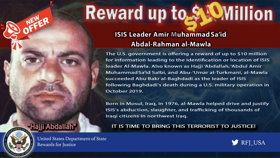 Abu Ibrahim al-Hashimi al-Qurayshi em anúncio de procurado do governo norte-americano  (Foto: Reprodução/Twitter/Departamento de Justiça dos EUA)