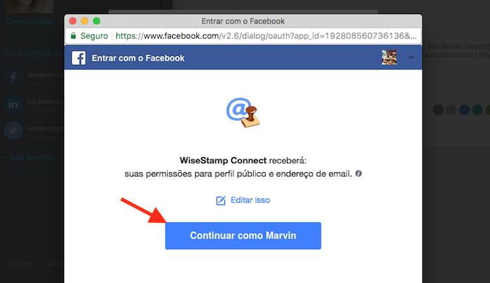 Caminho para vincular uma conta do Facebook à extensão WiseStamp para Google Chrome (Foto: Reprodução/Marvin Costa)