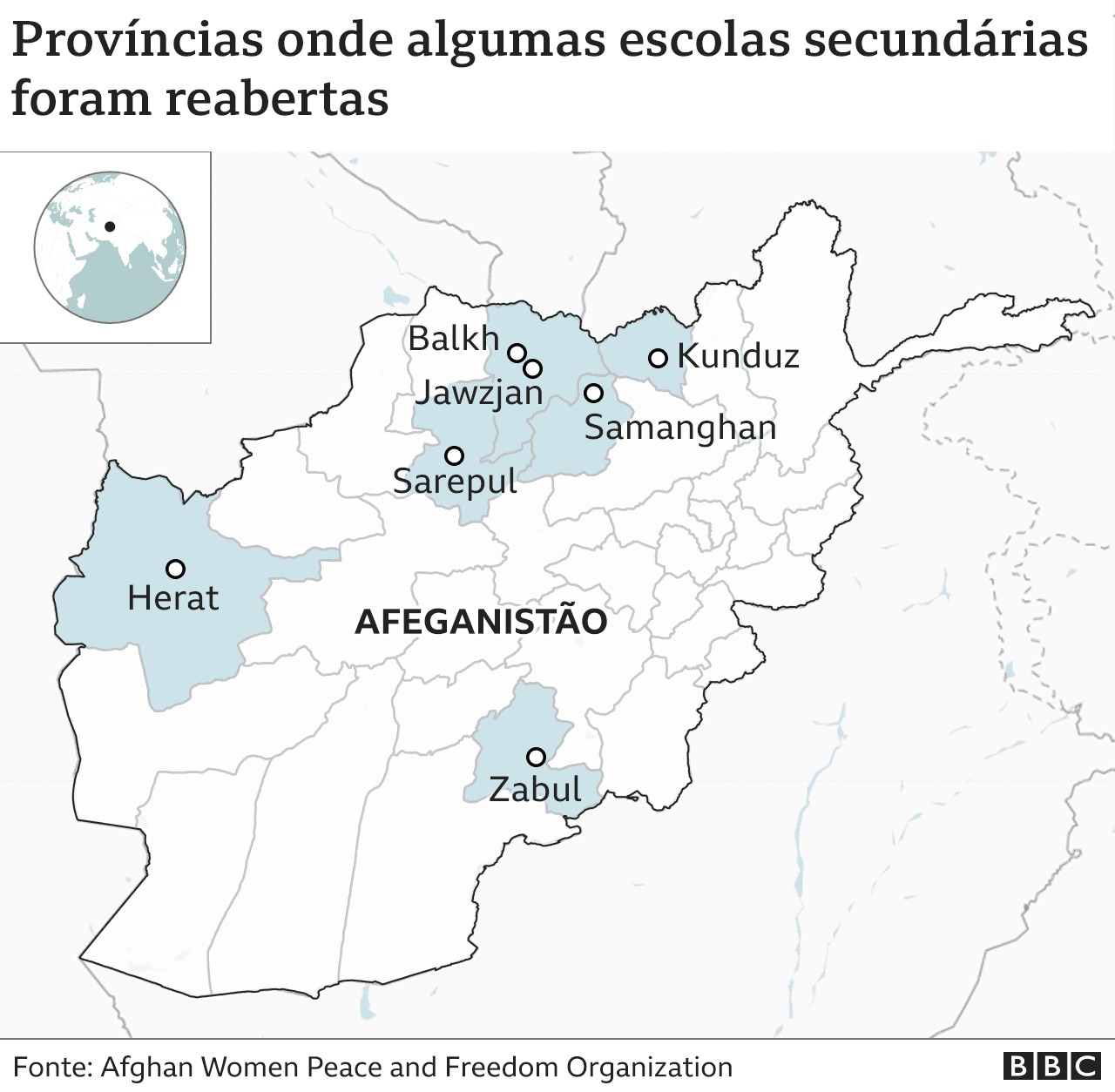 Províncias onde algumas escolas secundárias foram reabertas (Foto: BBC News Brasil)