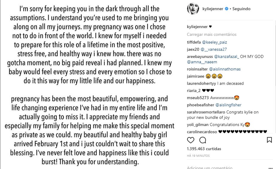O comunicado de Kylie no Instagram (Foto: Instagram)