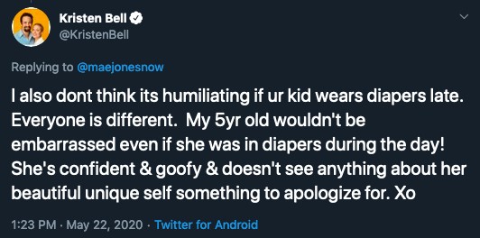 Um dos tuítes de Kristen Bell sobre a polêmica em torno da revelação que a filha de 5 anos ainda usa fraldas (Foto: Twitter)