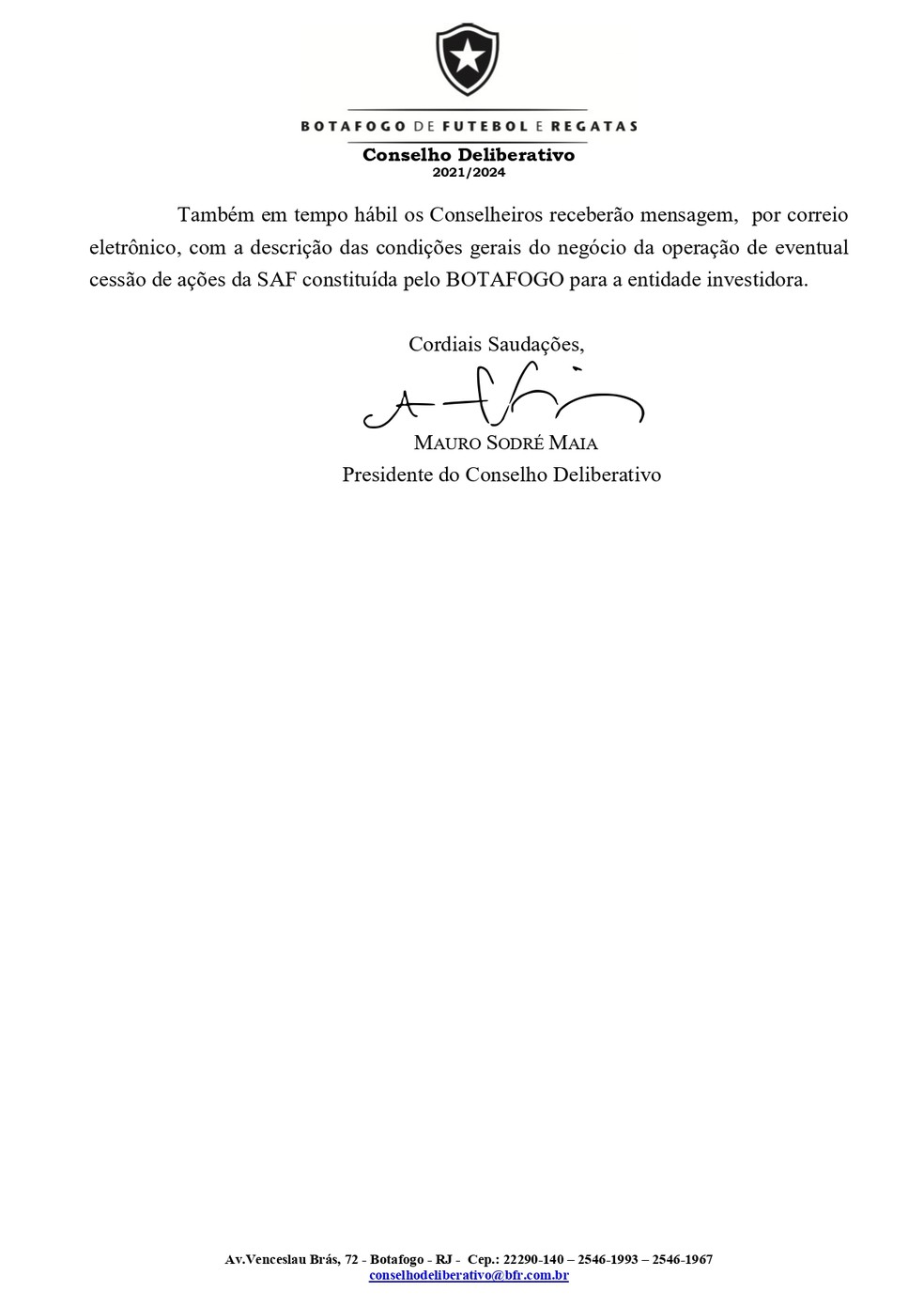 Convocação do Conselho do Botafogo sobre SAF - Parte 2 — Foto: Reprodução