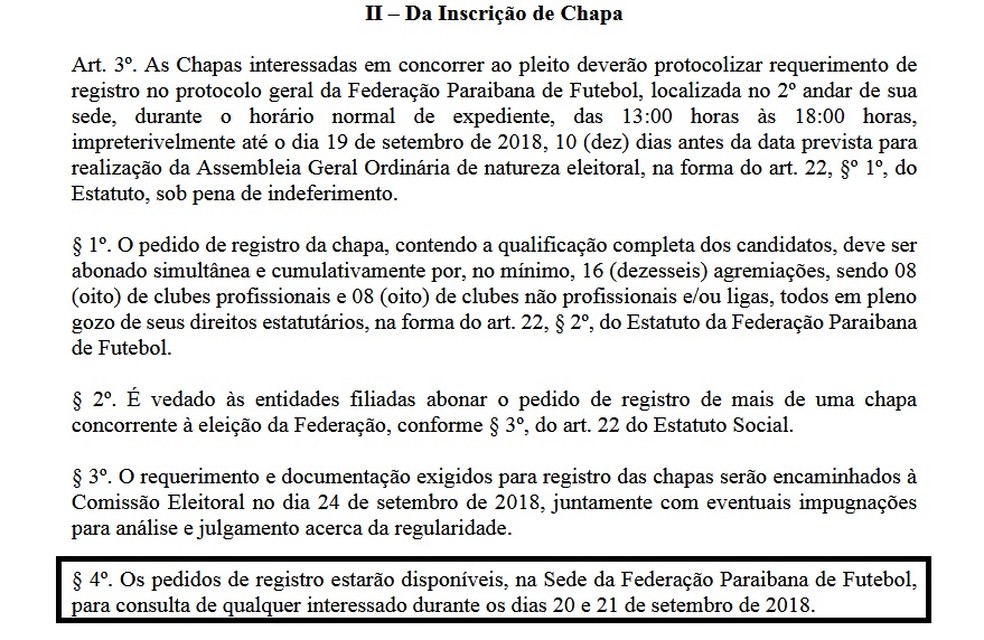 Regulamemento das eleiÃ§Ãµes da FPF â Foto: ReproduÃ§Ã£o / FPF