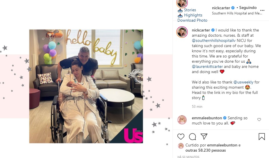 Nick Carter faz posts com foto com a mulher, Lauren Kitt, com o terceiro filho do casal (Foto: Reprodução Instagram)