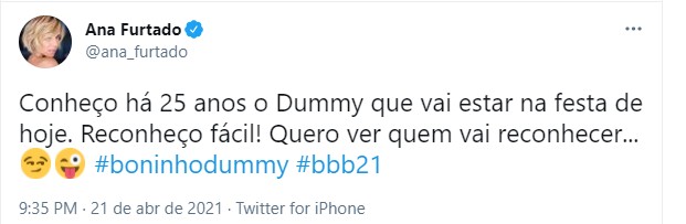 Ana Furtado fala que Boninho será Dummy em festa (Foto: Reprodução/Twitter)