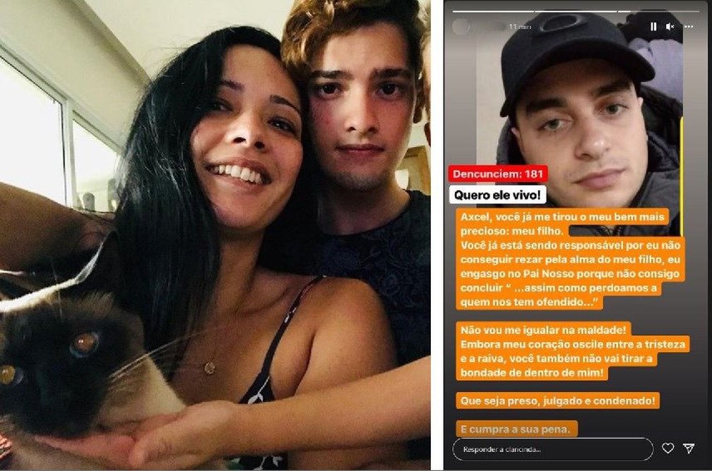 Clarice Silva e o filho Renan Silva Loureiro (à esquerda). Ao lado, foto de Acxel Gabriel de Holanda Peres, suspeito de roubar e matar o estudante de 20 anos — Foto: Reprodução/Arquivo pessoal