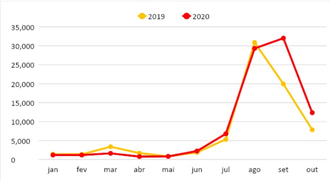 Figura 1. Ocorrência mensal de focos de calor na Amazônia, entre janeiro e outubro de 2019 e 2020 (Foto: Elaborado pela TNC a partir de dados do INPE)
