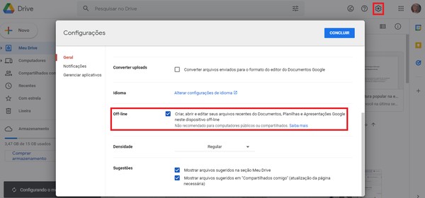Opção do Google Drive permite que o usuário acesse documentos mesmo sem acesso à Internet — Foto: Reprodução/Google Drive