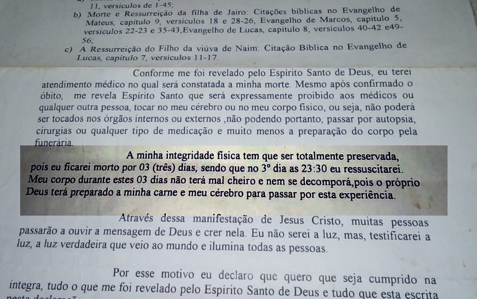 Pastor deixou documento assinado em 2008, em Goiatuba — Foto: Reprodução/TV Anhanguera