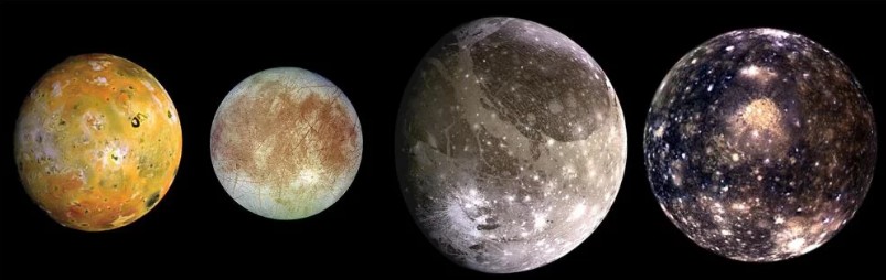 As quatro luas de Júpiter batizadas em homenagem a Galileu: Io, Europa, Ganimedes e Calisto (Foto: NASA)