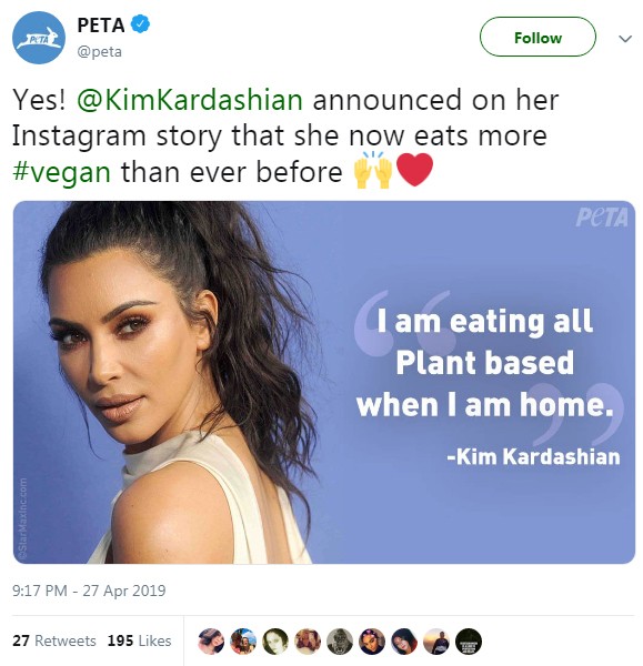 A PETA também comemorou a alimentação vegana de Kim Kardashian (Foto: Reprodução / Twitter)