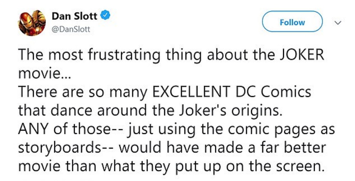 Um dos tuítes do roteirista da Marvel criticando Coringa (2019) (Foto: Twitter)