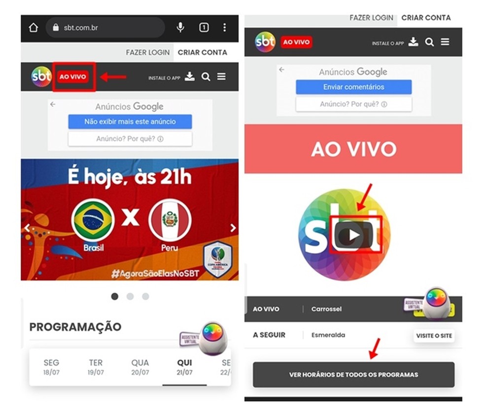 Brasil vs Peru pode ser assistido ao vivo e de graça no site do SBT pelo navegador do celular — Foto: Reprodução/Gabriela Andrade