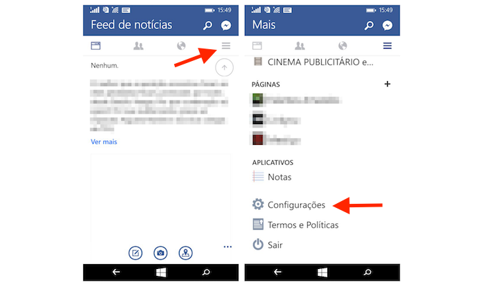Acessando as configurações do Facebook no Windows Phone (Foto: Reprodução/Marvin Costa)