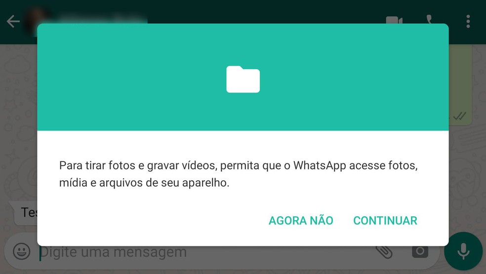 Sem acesso ao armazenamento, WhatsApp mostra erro e solicita permissões para tirar fotos ou anexar imagens da galeria. — Foto: Reprodução