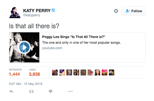 O tuíte de Katy Perry com a canção 'Is That All There Is?' (Foto: Twitter)