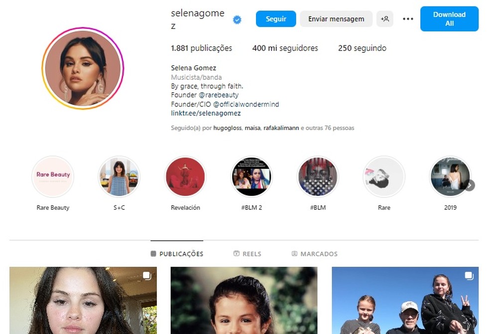 Perfil de Selena Gomez chega a 400 milhões de seguidores — Foto: Reprodução/Instagram