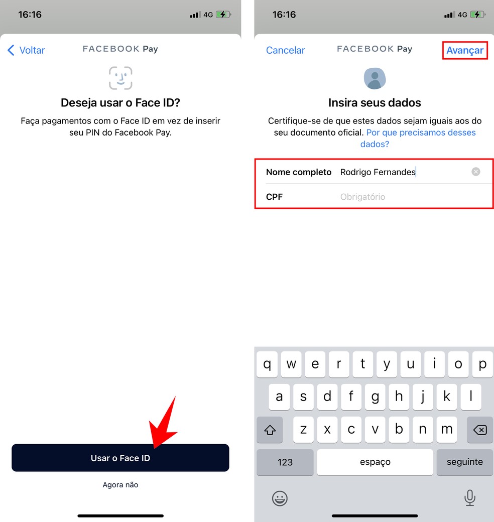 Usuário pode ativar o Face ID do iPhone para usar o Facebook Pay no WhatsApp — Foto: Reprodução/Rodrigo Fernandes