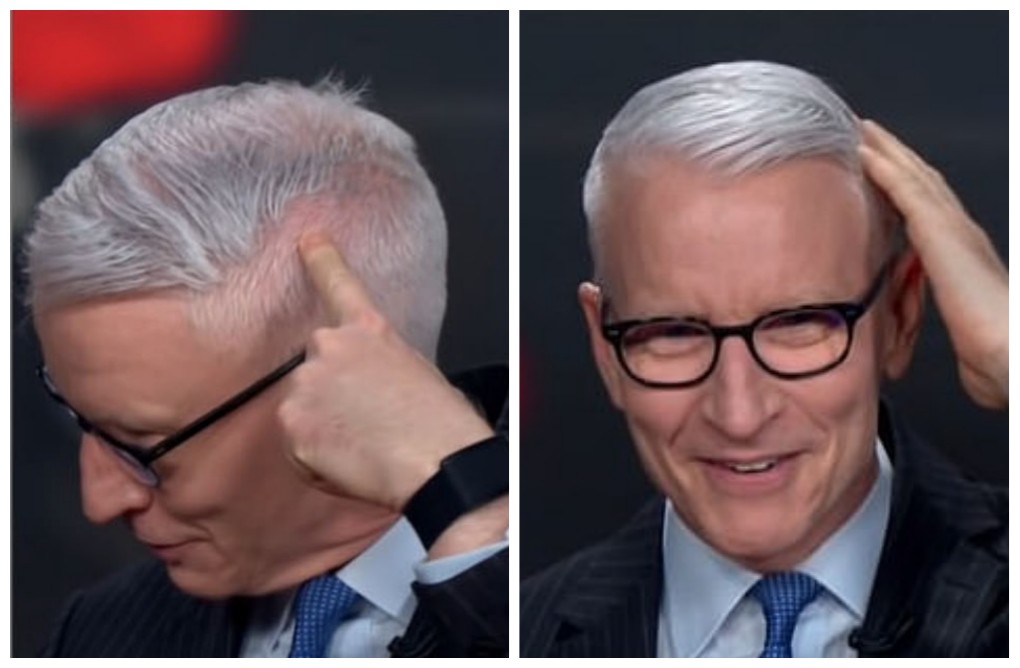 O jornalista Anderson Cooper mostrando a falha decorrente de sua tentativa de cortar o próprio cabelo durante a quarentena do coronavírus (Foto: Reprodução)