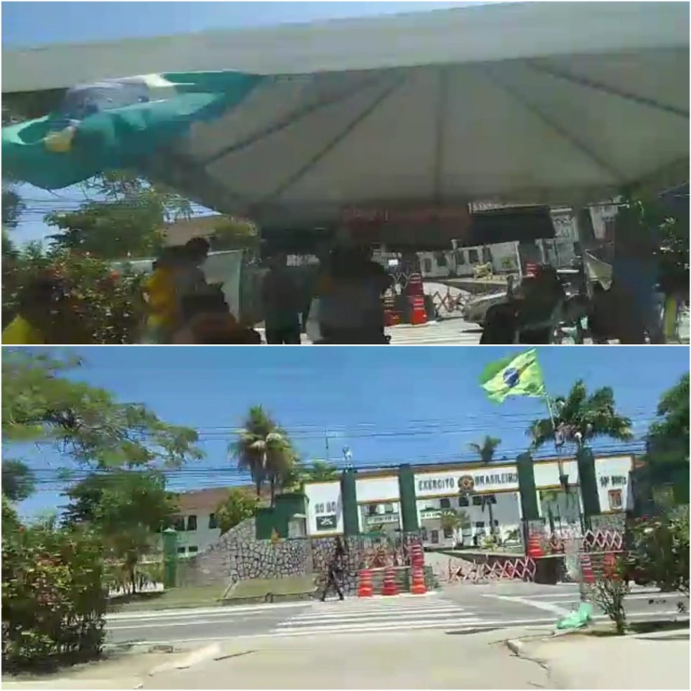 Antes e depois da ocupação de bolsonaristas no canteiro da Fernandes Lima, em Maceió — Foto: Ana Clara Pontes/g1