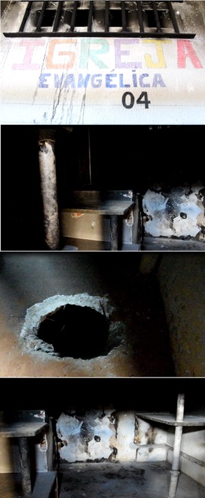 Carceragem onde, segundo agente, corpos de detentos mortos foram queimados. Por causa da fuligem e manchas causadas pela fumaça, é quase impossível ver as paredes. No chão, um buraco aberto. O túnel foi escavado para uma fuga que não aconteceu.   (Foto: Thyago Macedo/G1)