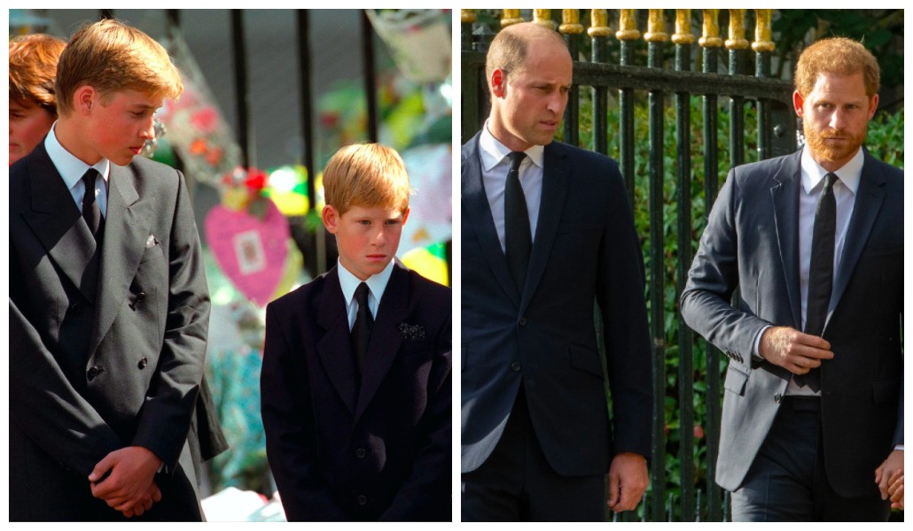Os príncipes William e Harry no funeral da Princesa Diana (1961-1997) em 1997 e em registro recente nos portões do Palácio de Windsor após a morte da Rainha Elizabeth II (1926-2022) (Foto: Getty Images)
