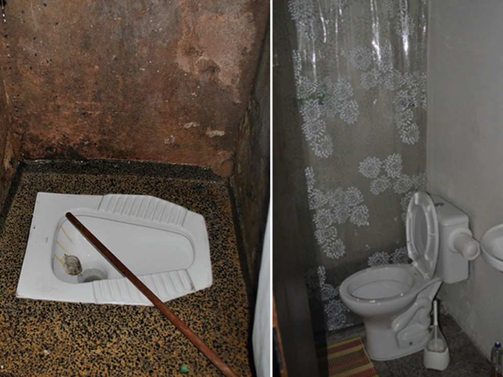 Banheiro de ala de unidade da Papuda convencional comparado com banheiro na ala onde Luiz Estevão cumpre pena (direita) — Foto: Ministério Público do DF/Divulgação