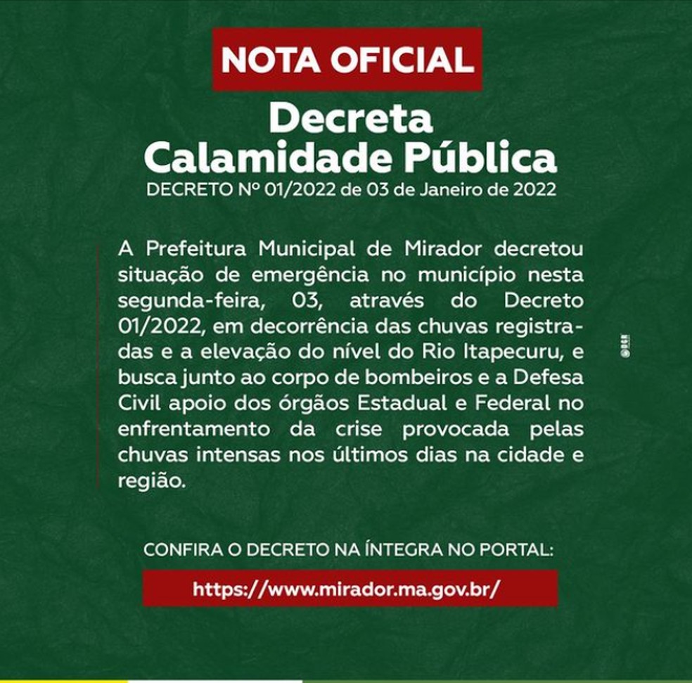 Prefeitura de Mirador decreta estado de calamidade pública após inundação na cidade — Foto: Reprodução/Redes sociais