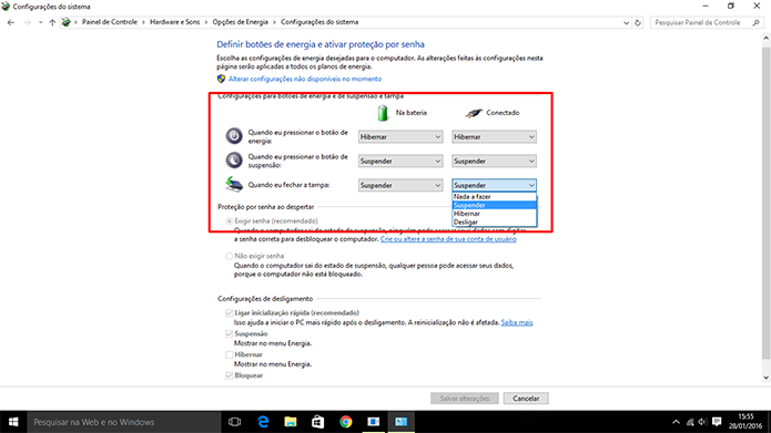 Windows 10 permite que usuário escolha ações automáticas ao fechar notebook (Foto: Reprodução/Elson de Souza)