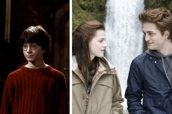 Daniel Radcliffe em cena de Harry Potter; Kristen Stewart e Robert Pattinson em Crepúsculo (Foto: Reprodução)