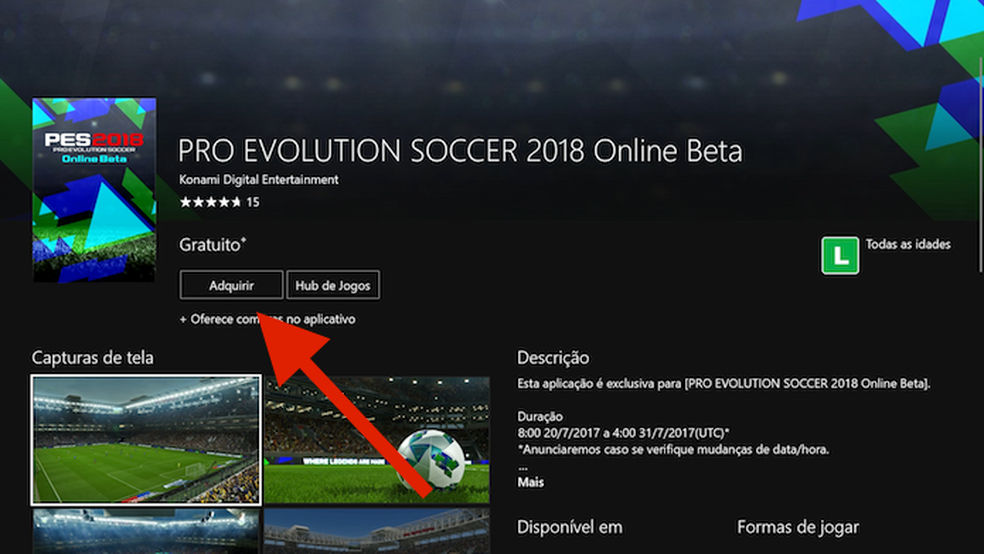 Clique em Adquirir para baixar e instalar o beta do PES 2018 no seu Xbox One (Foto: Reprodução/Murilo Molina)