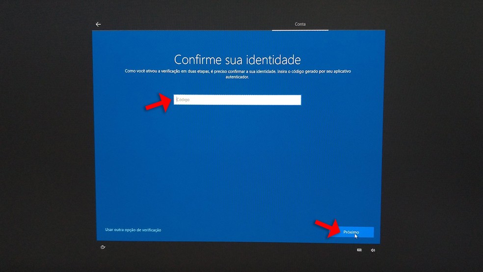 A configuração do Windows 10 poderá solicitar o código de autenticação de dois fatores caso ela esteja ativa — Foto: Reprodução/Rafael Leite