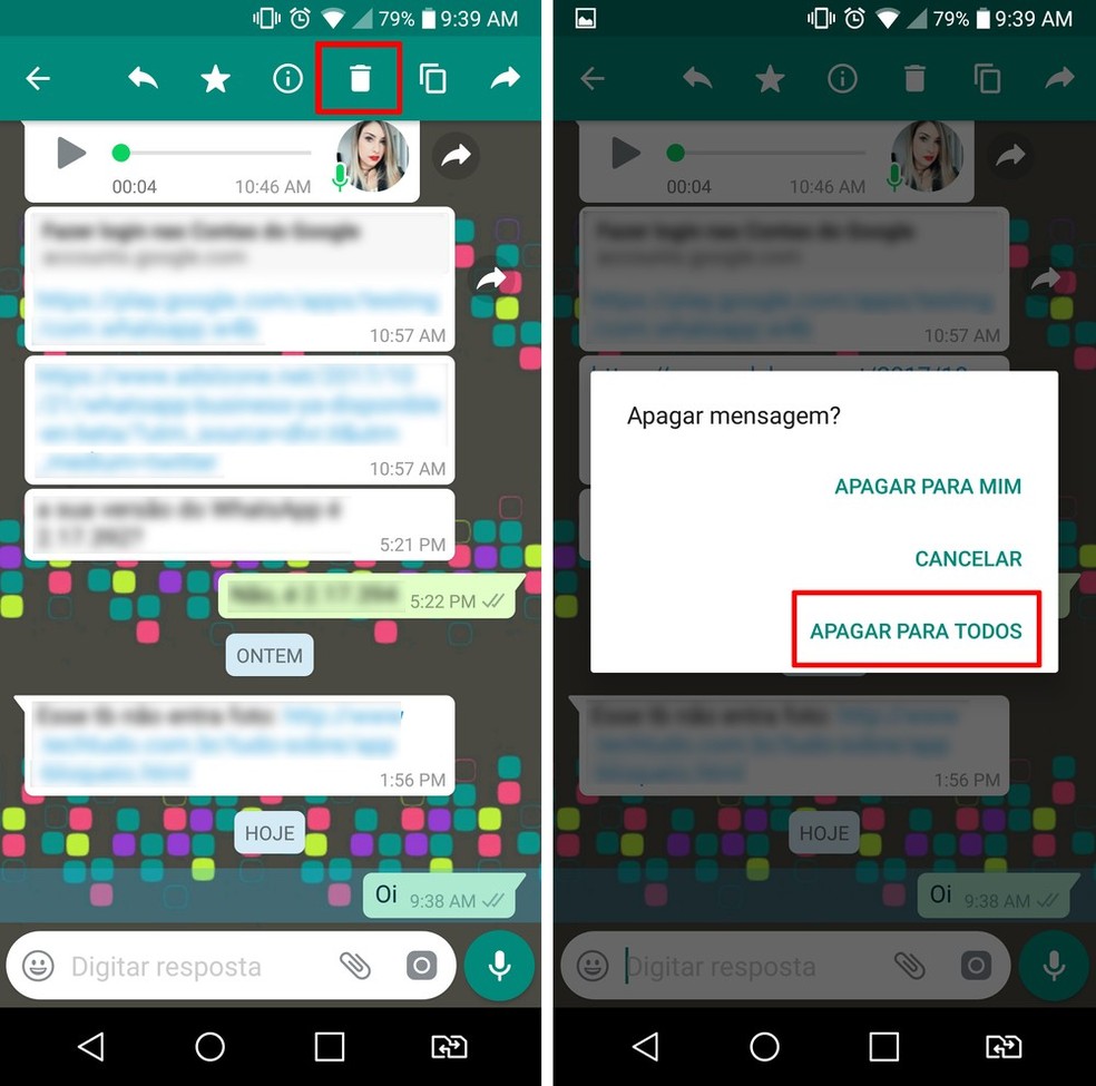 Whatsapp liberou função de apagar mensagens para o destinatário (Foto: Reprodução/Aline Batista)