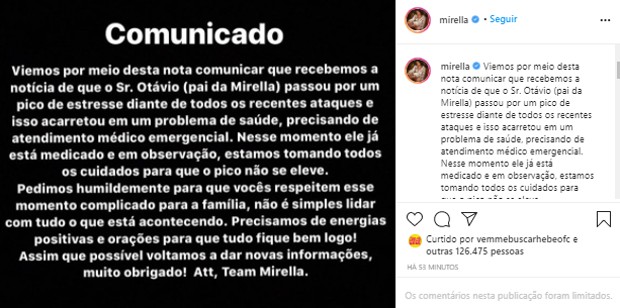 Comunicado do perfil de Mirella (Foto: Reprodução/Instagram)