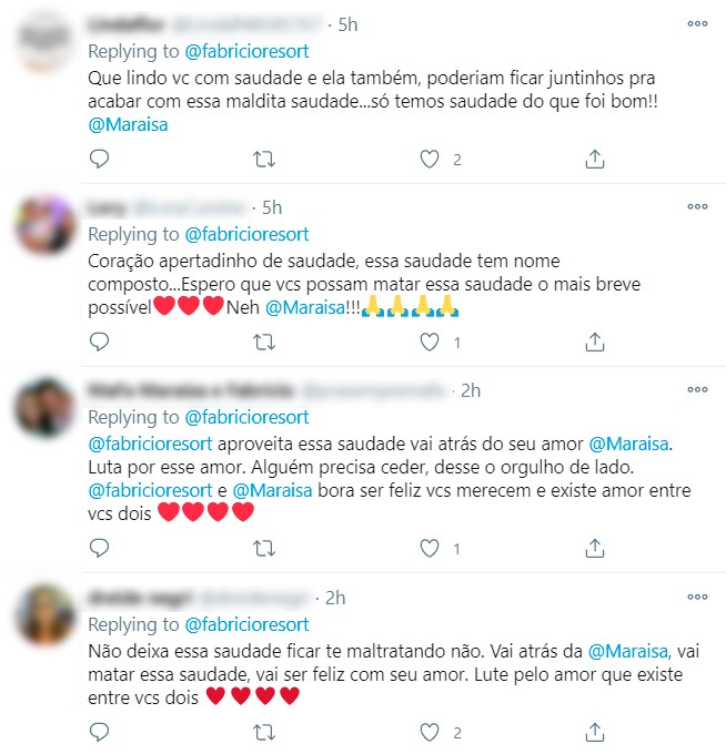 Fãs se animam com as mensagens de saudade de Fabrício e Maraísa (Foto: Reprodução/Twitter)