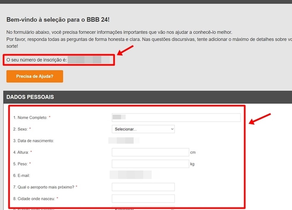 Após ver seu número de inscrição no BBB 24, candidato deve informar mais alguns dados pessoais — Foto: Reprodução/Gabriela Andrade