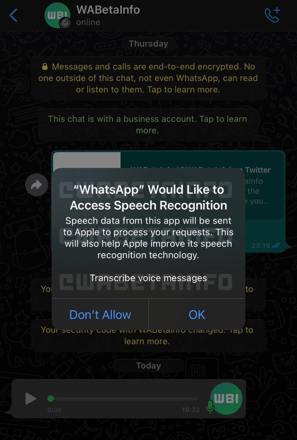 Quem optar pela função de transcrição de áudios no iPhone (iOS) deve conceder nova permissão à Apple — Foto: Reprodução/WABetaInfo