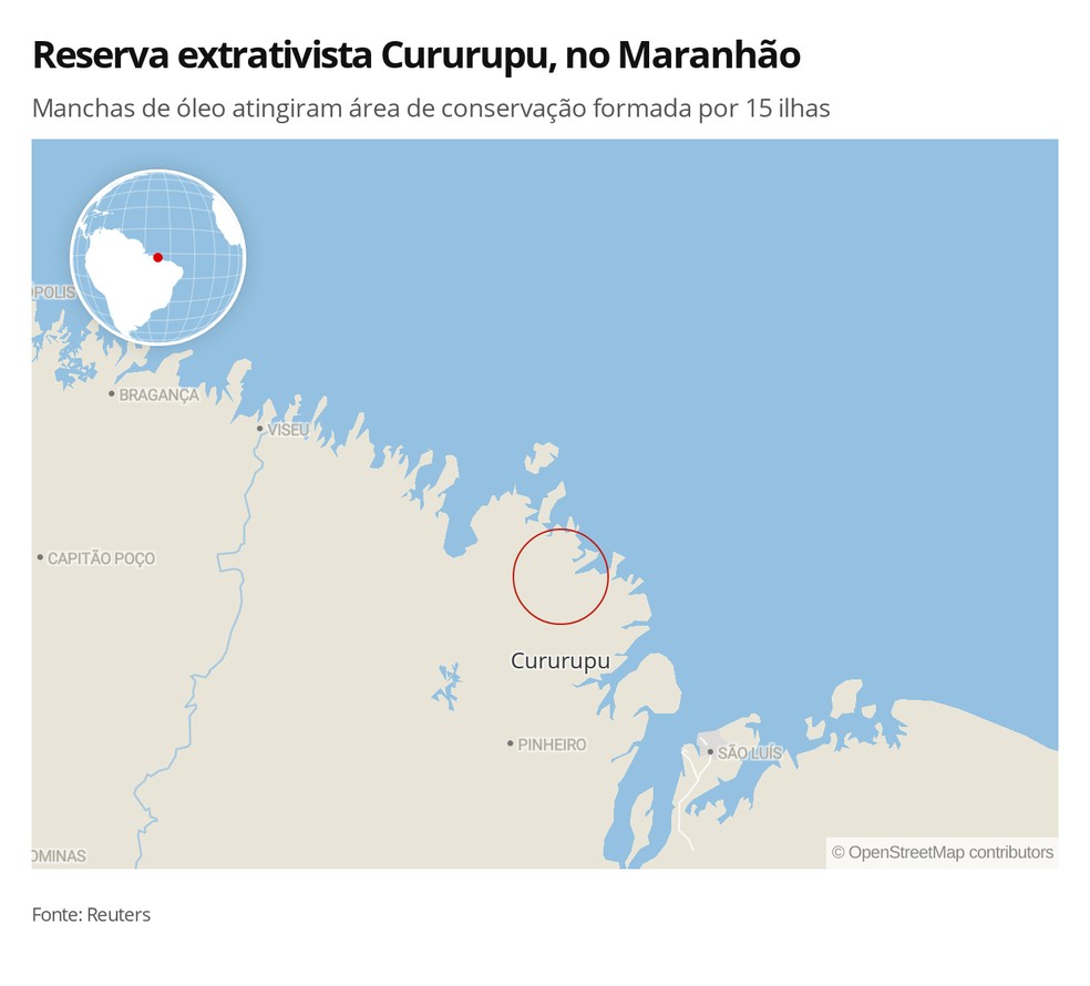 Área da reserva extrativista Cururupu, no litoral do Maranhão, foi atingida por manchas de óleo que poluem as praias do Nordeste. — Foto: Elida Oliveira/G1