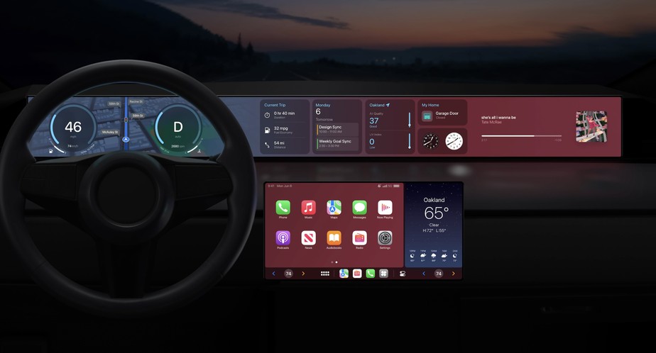 Interface da Nova geração do CarPlay da Apple, sistema que traz as funções do celular para motoristas em segurança