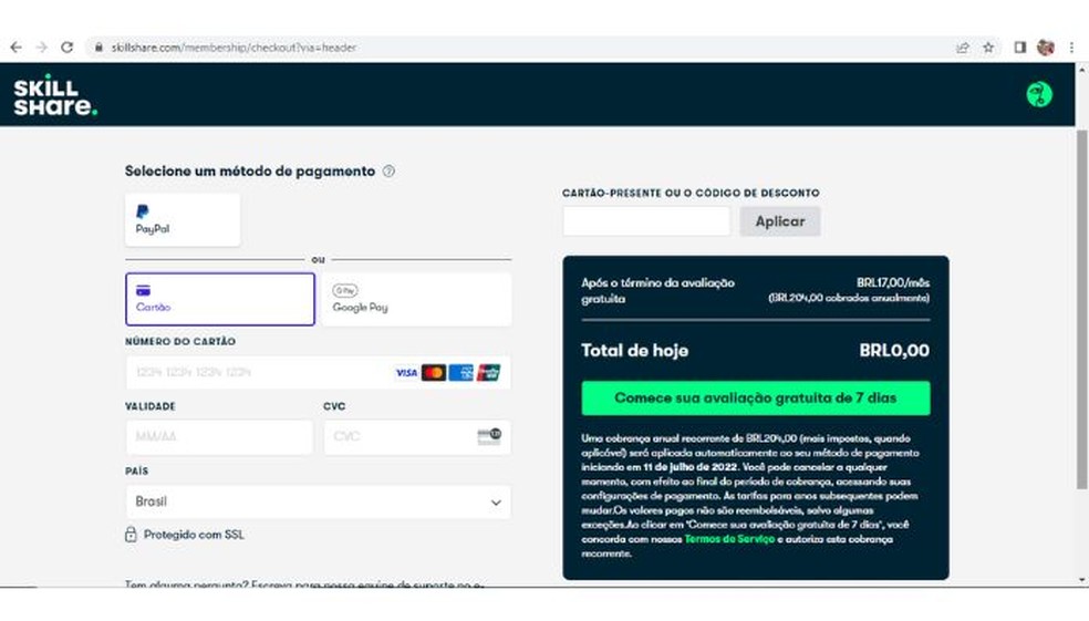 Preço da Skillshare: plataforma oferece valor promocional de R$ 204 anuais — Foto: Reprodução/Júlio César Gonsalves